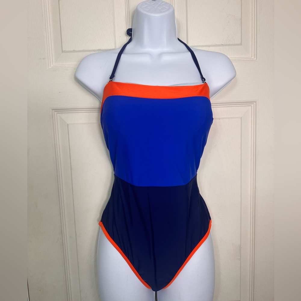 Cupshe ‎ Navy And Orange Colorblock One Piece Swimsuit Lycra Size Small